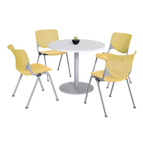 Picture of Pedestal Table with Four Yellow Kool Series Chairs, Round, 36" Dia x 29h, Designer White