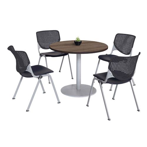 Picture of Pedestal Table with Four Black Kool Series Chairs, Round, 36" Dia x 29h, Studio Teak