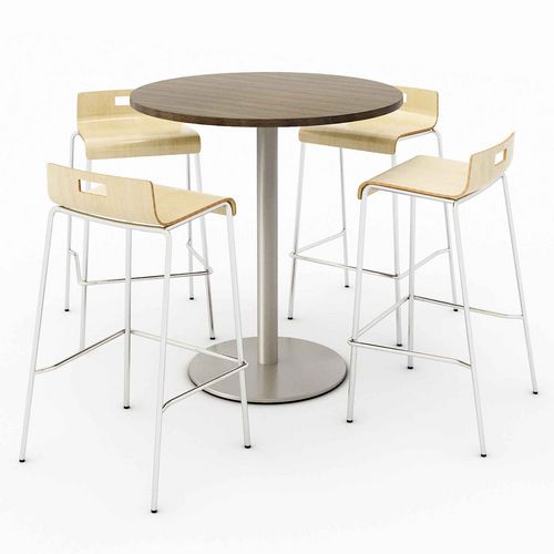 Picture of Pedestal Bistro Table with Four Natural Jive Series Barstools, Round, 36" Dia x 41h, Studio Teak