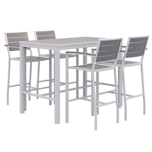 Picture of Eveleen Outdoor Bistro Patio Table with Four Gray Powder-Coated Polymer Barstools, 32 x 55, Gray