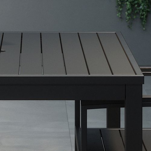 Picture of Eveleen Outdoor Bistro Patio Table with Four Black Powder-Coated Polymer Barstools, 32 x 55, Black