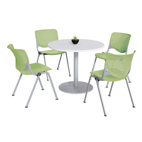 Picture of Pedestal Table with Four Lime Green Kool Series Chairs, Round, 36" Dia x 29h, Designer White