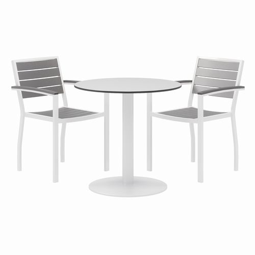 Picture of Eveleen Outdoor Patio Table with Two Gray Powder-Coated Polymer Chairs, 30" Dia x 29h, Designer White