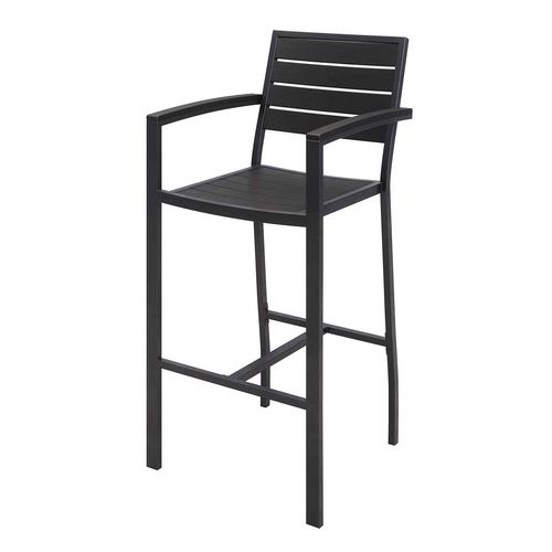 Picture of Eveleen Outdoor Bistro Patio Table with Four Black Powder-Coated Polymer Barstools, 32 x 55, Black