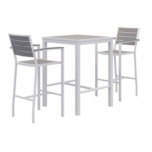 Picture of Eveleen Outdoor Bistro Patio Table with Two Gray Powder-Coated Polymer Barstools, 30" Square, Gray