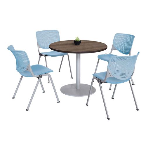 Picture of Pedestal Table with Four Sky Blue Kool Series Chairs, Round, 36" Dia x 29h, Studio Teak