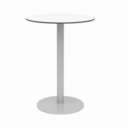 Picture of Eveleen Outdoor Bistro Patio Table, Two Gray Powder-Coated Polymer Barstools, Round, 30" Dia x 41h, White