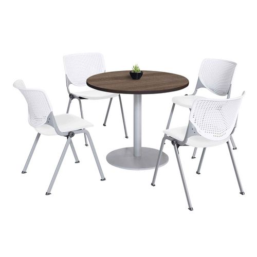 Picture of Pedestal Table with Four White Kool Series Chairs, Round, 36" Dia x 29h, Studio Teak