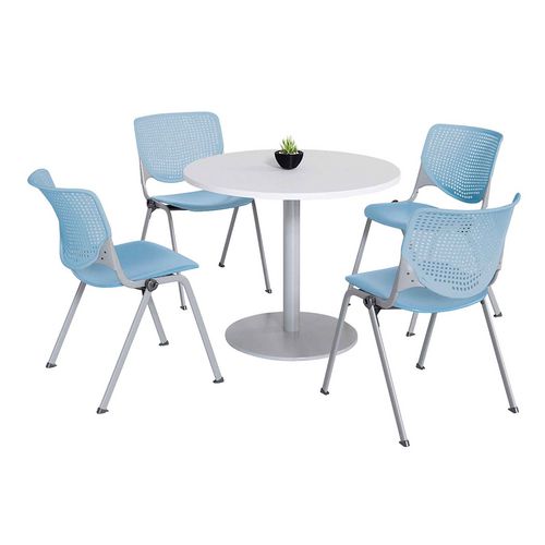Picture of Pedestal Table with Four Sky Blue Kool Series Chairs, Round, 36" Dia x 29h, Designer White