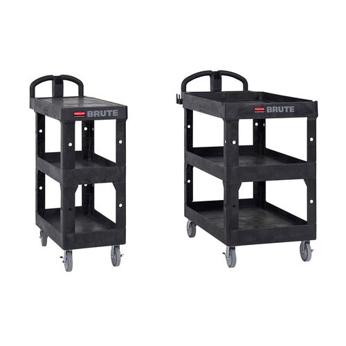 Picture of BRUTE 3-Shelf Heavy-Duty Ergo Lipped Utility Cart, Resin, 3 Shelves, 600 lb Capacity, 25.24" x 44" x 47", Black