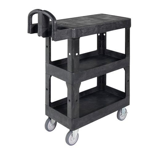 Picture of BRUTE 3-Shelf Heavy-Duty Ergo Flat Utility Cart, Resin, 3 Shelves, 600 lb Capacity, 25.24" x 48.63" x 46.18", Black