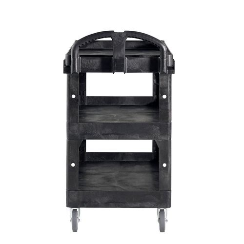 Picture of BRUTE 3-Shelf Heavy-Duty Ergo Lipped Utility Cart, Resin, 3 Shelves, 600 lb Capacity, 25.24" x 44" x 47", Black