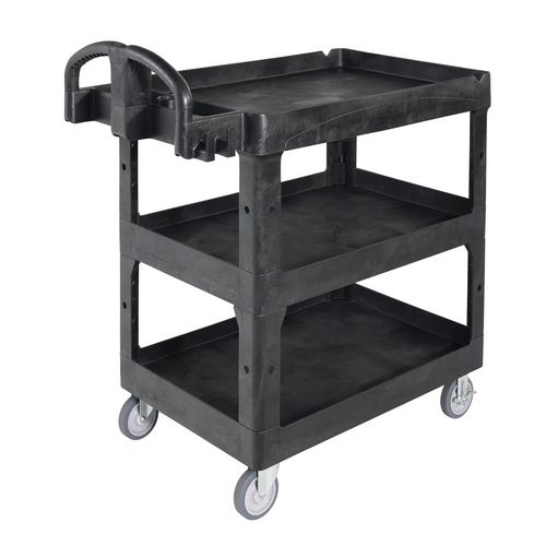 Picture of BRUTE 3-Shelf Heavy-Duty Ergo Lipped Utility Cart, Resin, 3 Shelves, 600 lb Capacity, 25.24" x 44" x 47", Black