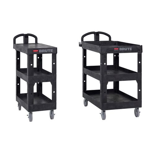 Picture of BRUTE 3-Shelf Heavy-Duty Ergo Flat Utility Cart, Resin, 3 Shelves, 600 lb Capacity, 25.24" x 48.63" x 46.18", Black