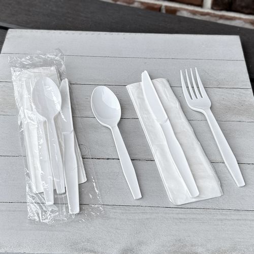 Picture of Four-Piece Cutlery Kit, Fork/Knife/Napkin/Teaspoon, Mediumweight, Polystyrene, White, 250/Carton