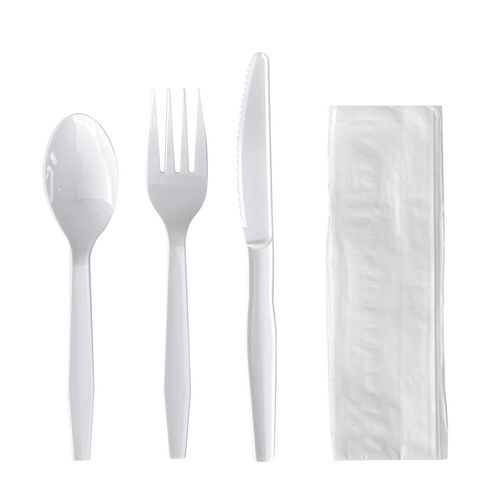 Picture of Four-Piece Cutlery Kit, Fork/Knife/Napkin/Teaspoon, Mediumweight, Polystyrene, White, 250/Carton