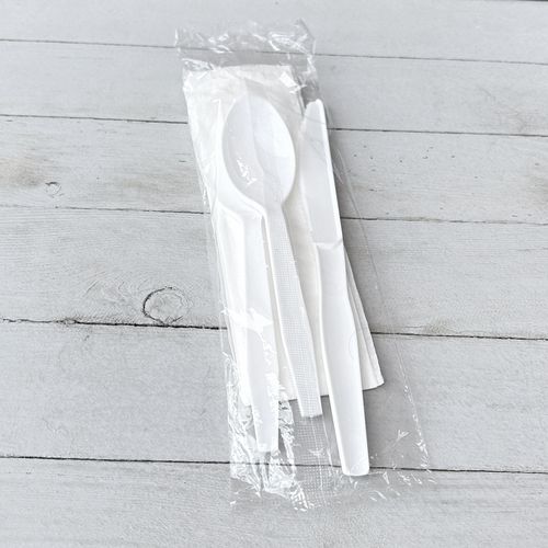 Picture of Four-Piece Cutlery Kit, Fork/Knife/Napkin/Teaspoon, Mediumweight, Polystyrene, White, 250/Carton