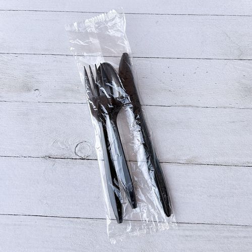 Picture of Three-Piece Cutlery Kit, Fork/Knife/Teaspoon, Polypropylene, Black, 250/Carton