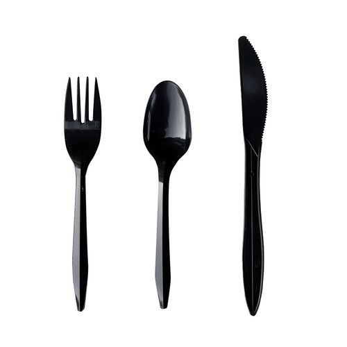 Picture of Three-Piece Cutlery Kit, Fork/Knife/Teaspoon, Polypropylene, Black, 250/Carton