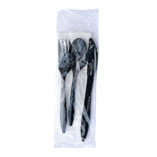 Picture of Four-Piece Cutlery Kit, Fork/Knife/Teaspoon/Napkin, Mediumweight, Black, 250/Carton