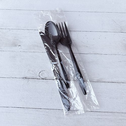 Picture of Three-Piece Cutlery Kit, Fork/Knife/Teaspoon, Polystyrene, Black, 250/Carton