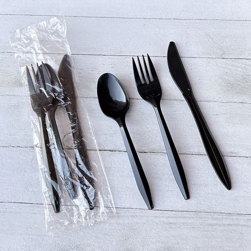 Picture of Three-Piece Cutlery Kit, Fork/Knife/Teaspoon, Polypropylene, Black, 250/Carton