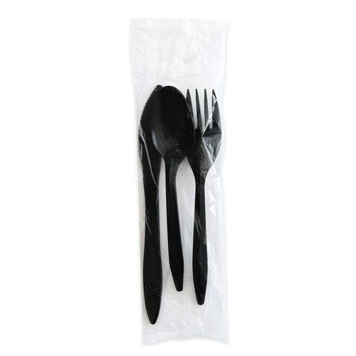 Picture of Three-Piece Cutlery Kit, Fork/Knife/Teaspoon, Polystyrene, Black, 250/Carton