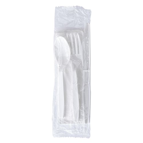 Picture of Four-Piece Cutlery Kit, Fork/Knife/Napkin/Teaspoon, Mediumweight, Polystyrene, White, 250/Carton