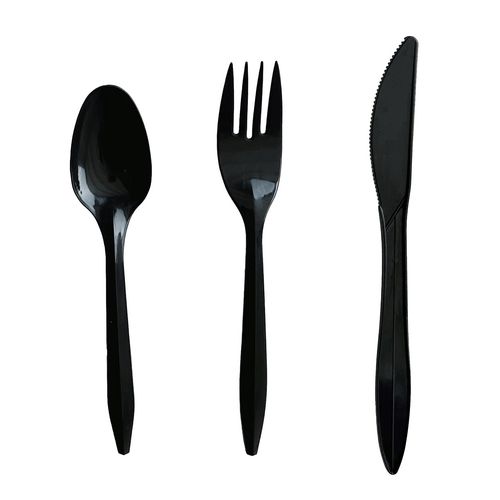 Picture of Three-Piece Cutlery Kit, Fork/Knife/Teaspoon, Polystyrene, Black, 250/Carton