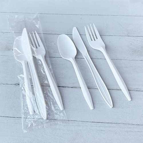 Picture of Three-Piece Cutlery Kit, Fork/Knife/Teaspoon, Mediumweight, White, 250/Carton