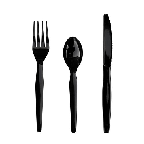 Picture of Three-Piece Cutlery Kit, Fork/Knife/Teaspoon, Heavyweight, Black, 250/Carton