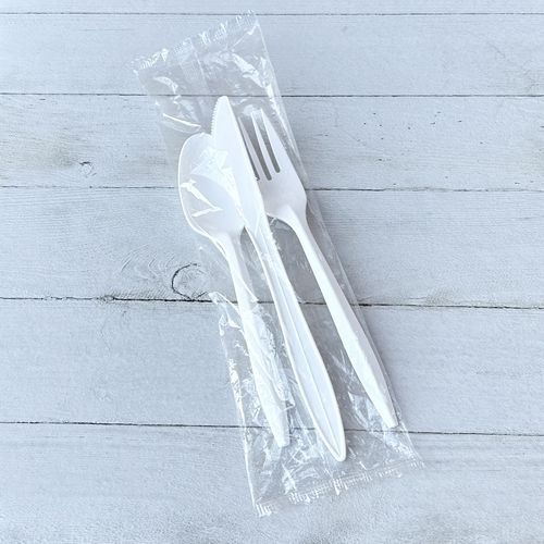 Picture of Three-Piece Cutlery Kit, Fork/Knife/Teaspoon, Mediumweight, White, 250/Carton