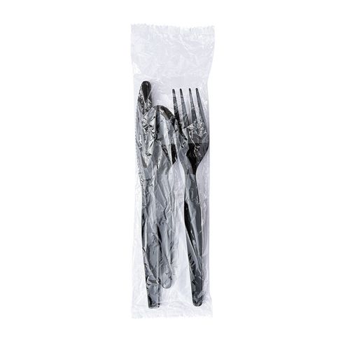 Picture of Three-Piece Cutlery Kit, Fork/Knife/Teaspoon, Heavyweight, Black, 250/Carton