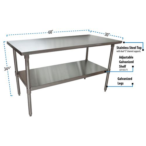 Picture of Stainless Steel Flat Top Work Tables, 60w x 30d x 36h, Silver, 2/Pallet