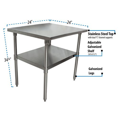 Picture of Stainless Steel Flat Top Work Tables, 24w x 24d x 36h, Silver, 2/Pallet