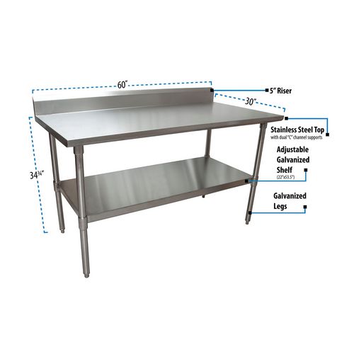 Picture of Stainless Steel 5" Riser Top Tables, 60w x 30d x 39.75h, Silver, 2/Pallet