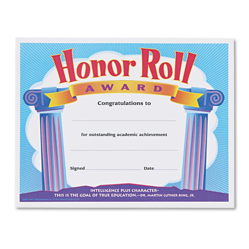 Picture of Honor Roll Award Certificates, 11 x 8.5, Horizontal Orientation, Assorted Colors with White Borders, 30/Pack