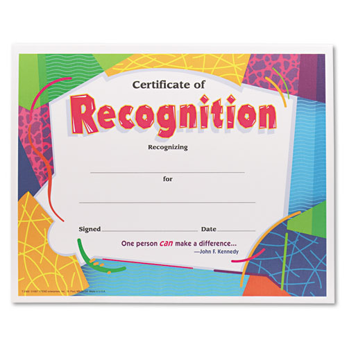 Picture of Certificate of Recognition Awards, 11 x 8.5, Horizontal Orientation, Assorted Colors with White Border, 30/Pack