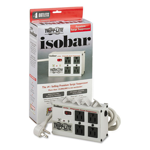 Picture of Isobar Surge Protector with Diagnostic LEDs, 4 AC Outlets, 6 ft Cord, 3,330 J, Light Gray