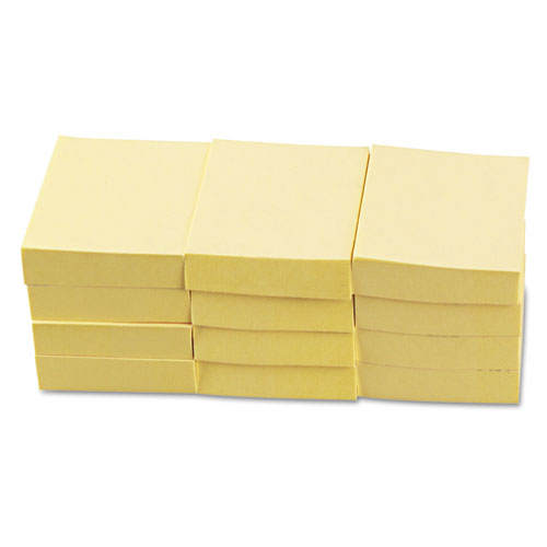 Picture of Recycled Self-Stick Note Pads, 1.5" x 2", Yellow, 100 Sheets/Pad, 12 Pads/Pack