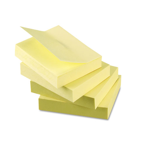 Picture of Recycled Self-Stick Note Pads, 1.5" x 2", Yellow, 100 Sheets/Pad, 12 Pads/Pack