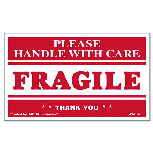 Picture of Printed Message Self-Adhesive Shipping Labels, FRAGILE Handle with Care, 3 x 5, Red/Clear, 500/Roll